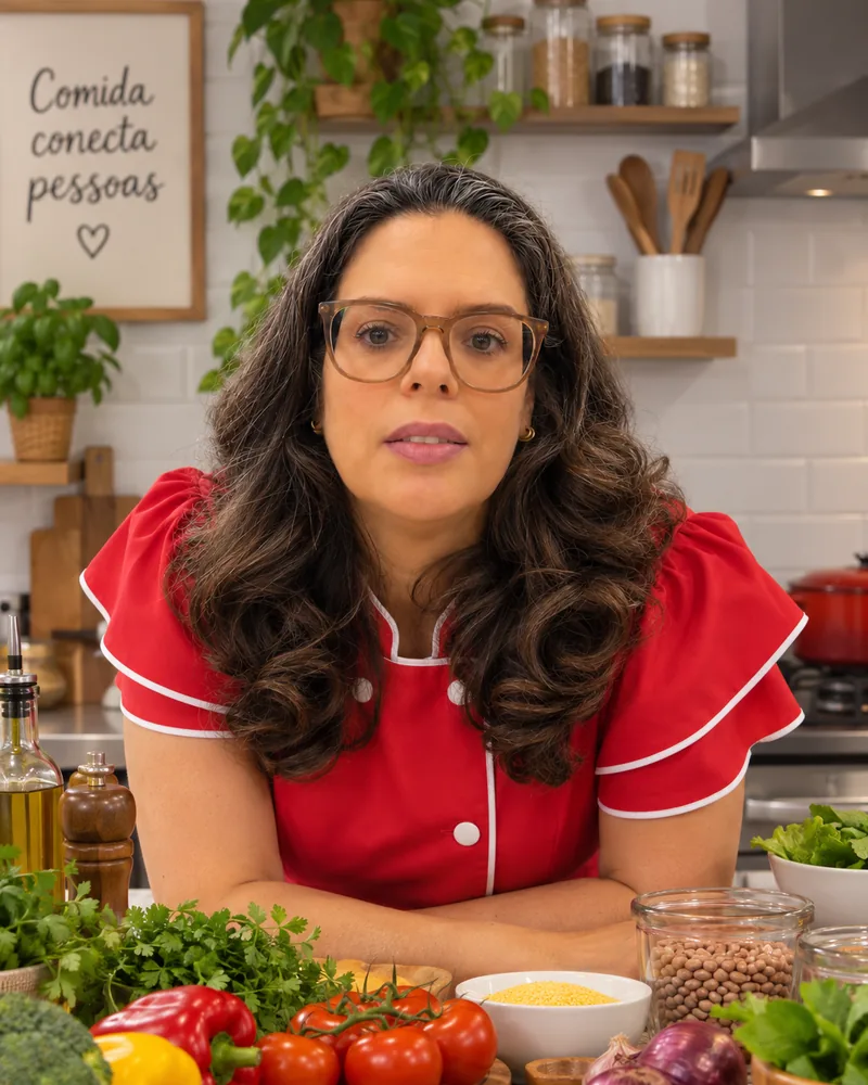 Karla Crespo na cozinha, com legumes frescos sobre a bancada