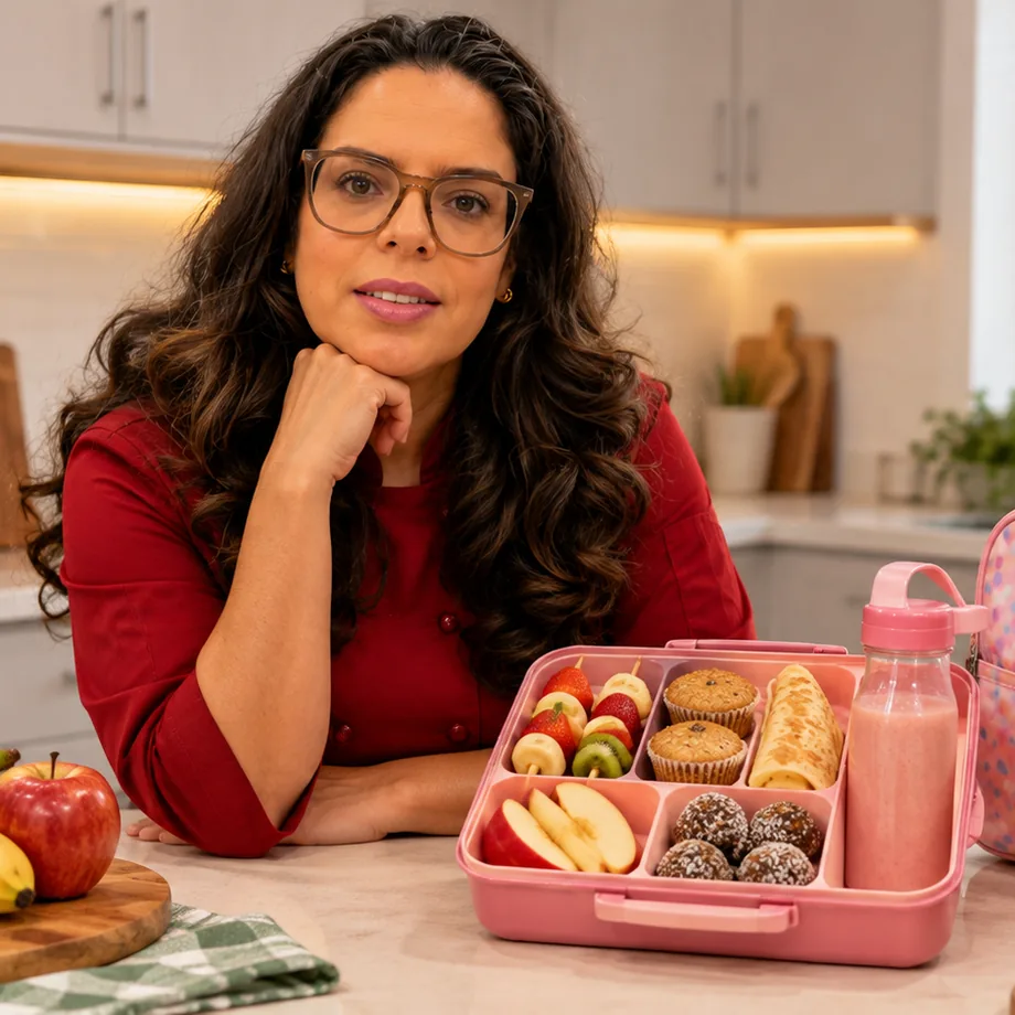 Karla Crespo com uma lancheira montada com frutas, muffins e garrafinha